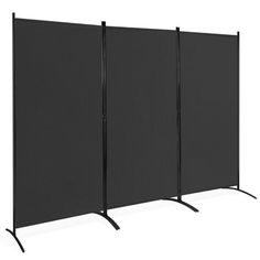 three black privacy screens with metal legs on each side and one is closed up to show the