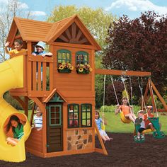 children playing on a wooden swing set