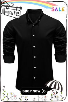 Black Plain Button-down Men’s Shirt Black Long Sleeve Shirt With Button Closure, Black Slim Fit Top For Semi-formal Occasions, Black Slim Fit Shirt With Spread Collar, Black Slim Fit Top With Spread Collar, Fitted Black Button-up Dress Shirt, Black Fitted Button-up Dress Shirt, Black Cotton Collared Dress Shirt, Black Cotton Semi-formal Shirt, Semi-formal Black Cotton Shirt