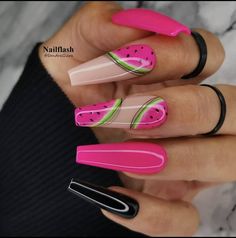 Pink Watermelon Nails, Watermelon Pink Nails, Summer Nails Ballerina, Nagel Pink, Nail Ballerina, Ballerina Nail