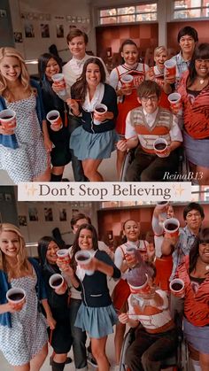 two pictures of people holding cups in front of them and the words don't stop believing