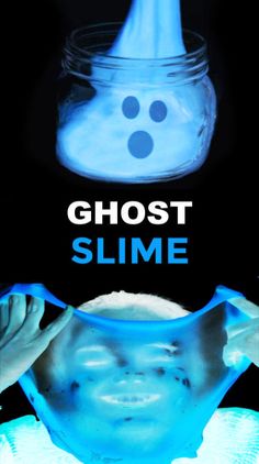 ghost slime in a glass jar with blue light coming from it and the words ghost slime above it