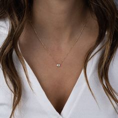 "Chic bezel diamond necklace available in gold or silver. Great for layering, but also stands out on its own! Minimalist & dainty! - - - D E T A I L S - - - * Made of 925 Sterling Silver * THICK plating of 14k Gold or Rhodium (made to last!) * 4x5mm Bezel * 16\" + 3\" Extension Chain * Nickel-free & Hypoallergenic * Lobster Clasp Closure NECKLACES ON MODEL ‣ Simple Beaded Necklace https://www.etsy.com/listing/1238983032/dainty-necklace-minimalist-necklace?click_key=31830d40a0fdd520fd0d494961c85a Rectangle Diamond Necklace, Radiant Bezel, Simple Beaded Necklace, Simple Beaded Necklaces, Baguette Necklace, Rectangle Necklace, Bezel Necklace, Cubic Zirconia Necklace, Dainty Gold Necklace