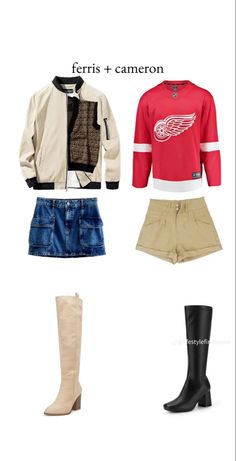 four pieces of clothing including boots, sweaters and shorts with the words feris - cameron written on them