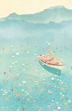 a boat floating on top of a body of water filled with lots of colorful flowers