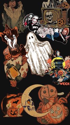 various halloween stickers on a black background