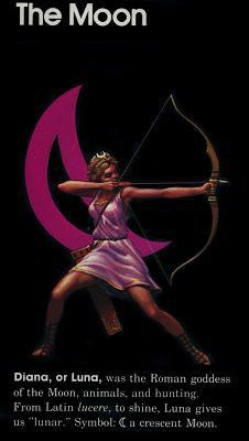 an advertisement for the moon, featuring a woman with a bow and arrow in her hand