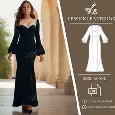 Get a big discount with the Bundle Shop Pattern: https://sdpatterns.etsy.com/listing/1695033562 Create your own show-stopping evening gown with this elegant PDF sewing pattern! This design features a beautifully fitted bodice, flared long sleeves, and a floor-length skirt, perfect for formal occasions or glamorous events. The intricate neckline adds a touch of luxury, making this gown a timeless and sophisticated choice. Available in sizes XS to 5XL (US 2-30), this pattern comes with clear instr Evening Gown Sewing Pattern, Sleeve Formal Dress, Elegant Evening Gown, Gown Sewing Pattern, Dress Sweetheart Neckline, Sweetheart Neckline Dress, Formal Dresses With Sleeves, Flare Long Sleeve, Evening Gowns Elegant