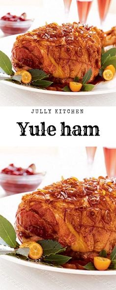 two plates with food on them and the words yulle ham