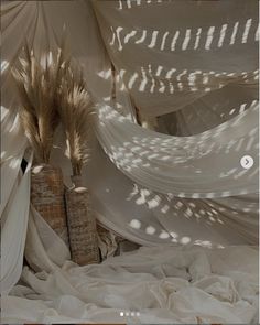 two vases with dried plants in them under white drapes