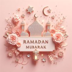 rama mubarak greeting card with pink roses and stars on a light pink background