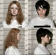 four different pictures of a woman's face and hair in mugshots, from the front to the back