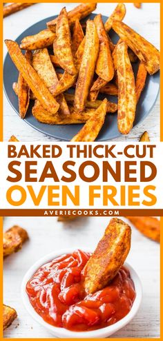 baked thick cut seasoned oven fries with ketchup in a bowl and on a plate