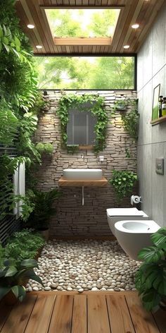 an outdoor bathroom with wood flooring and plants on the walls, along with two sinks