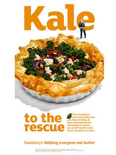 an advertisement for kale to the rescue with a man standing in front of it