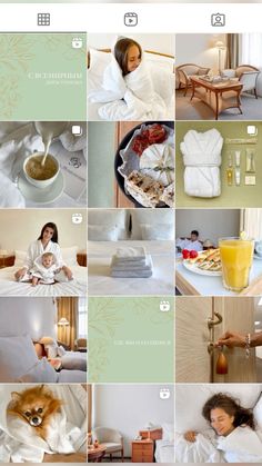 a collage of photos with people in bed and food on the table next to them