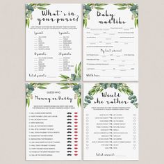 four wedding game cards with greenery and question marks on them, which is the best choice