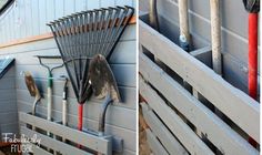 two pictures side by side, one with gardening tools and the other with shovels