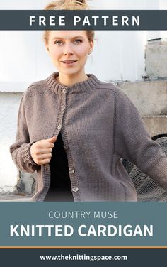 a woman wearing a knitted cardigan with text overlay that reads, free pattern country mouse knitted cardigan