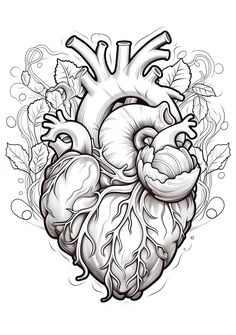 a drawing of a heart with flowers and leaves