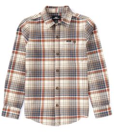 From O'Neill&#x2C; this top features:Yard dye plaidPoint collarLong sleevesFull button front closureMid-weight Brushed cotton/polyester flannelMachine wash/tumble dryImported. Boys Flannel, Kids Shirts Boys, Brushed Cotton, Dillard's, Big Boys, Flannel Shirt, Kids Boys, Button Up, Dye