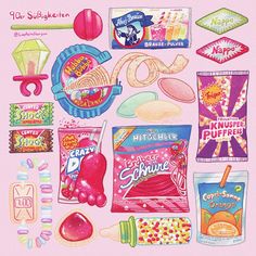 an illustration of various candy items on a pink background