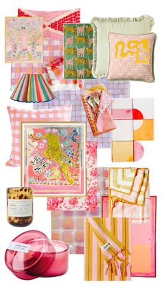 a collage of pink and yellow items