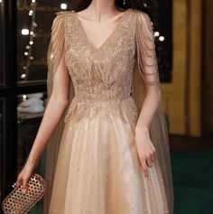 2022 Champagne Gold Evening Dresses With Cape A Line Sexy V-neck A-line Shiny Luxury Beading Shawl Romantic Beach Wedding Dress, Champagne Quinceanera Dresses, Gold Evening Dress, Gold Evening Gown, Gold Evening Dresses, Beautiful Prom Dresses, Cape Dress, Trendy Clothes For Women, Knee Length Dresses