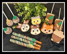 an assortment of desserts and candies on a table with plants in the background