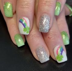 Shamrock Green Nails, Bright Green St Patricks Day Nails, Rainbow St Patricks Day Nails, St Patrick's Day Nails Design, St Pattys Nails Simple, Simple Mardi Gras Nails, Shamrock Nails Design, March Nails Ideas St. Patrick's Day, St Patricks Day Nails Design