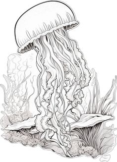 an ink drawing of a jellyfish in the ocean with corals and seaweed