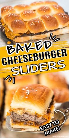 the sliders have been cut in half and stacked on top of each other with cheeseburger toppings