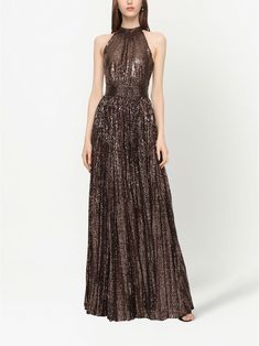 Dolce & Gabbana sequin-embellished Halterneck Gown - Farfetch Halter Neck Gown, Gucci Gown, Brown Silk, Dolce E Gabbana, Red Carpet Dresses, Fantasy Fashion, Flared Skirt, Dolce & Gabbana, Flare Skirt