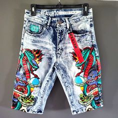 Fits Women's S/M Mshts Relaxed Fit Multicolor Denim Bottoms, Blue Graphic Print Bottoms For Summer, Blue Cotton Graphic Print Shorts, Multicolor Graphic Print Denim Bottoms, Summer Blue Shorts With Graphic Print, Casual Blue Graphic Print Bottoms, Fitted Multicolor Denim Bottoms, Red Jeans For Summer Streetwear, Relaxed Fit Multicolor Shorts With Graphic Print