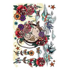 a clock surrounded by flowers and birds on a white background