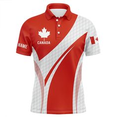 a red and white polo shirt with the canadian flag on it