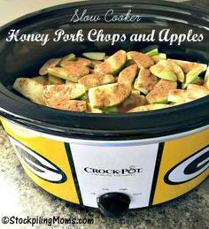 crockpot slow cooker honey pork chops and apples is ready to be cooked