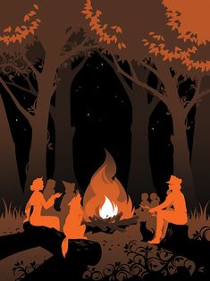 three people sitting around a campfire in the woods