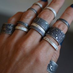 Each hand-forged Topography ring band has a rugged, textured surface that I achieve by fusing recycled silver to heavy-gauge sterling sheet. Perfect for stacking. Silversmithing Jewelry, White Look, Stacker Rings, Metalsmithing Jewelry, Single Ring, Textured Ring, Recycled Silver, Jewelry Inspo, Ring Band