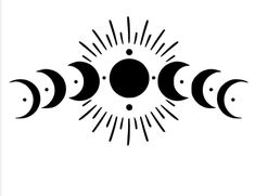 five phases of the moon in black and white with sunbursts above them