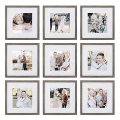 six different pictures hanging on a wall with white and grey frames, each displaying family photos