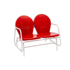 two red chairs sitting next to each other on a white frame, with the seats facing opposite directions