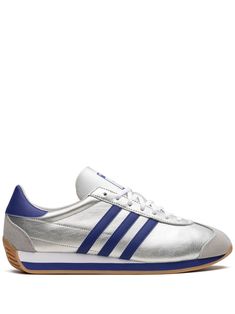 silver-tone/royal blue calf leather metallic finish signature 3-Stripes logo logo-print tongue round toe front lace-up fastening branded insole rubber sole Adidas Country Og, Cool Adidas Shoes, Adidas Country, Balenciaga Track, Balenciaga Triple S, Summer Beach Wear, Derby Shoes, Athletic Sneakers, Espadrille Shoes