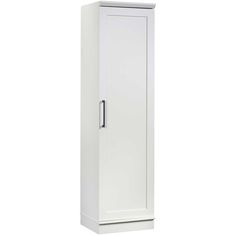 a tall white cabinet with a door on the front and bottom shelf in the middle