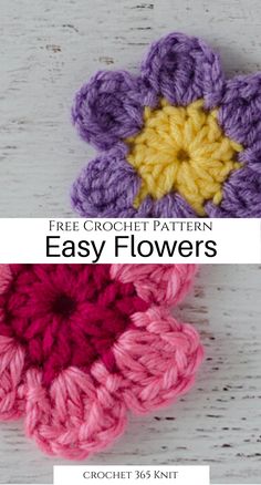 three crochet flower patterns with the text, free crochet pattern easy flowers