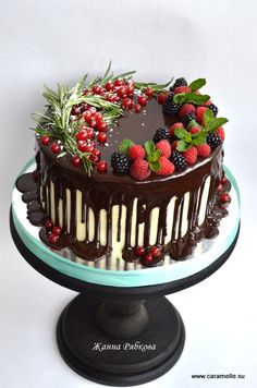 a chocolate cake with berries and cranberries on top