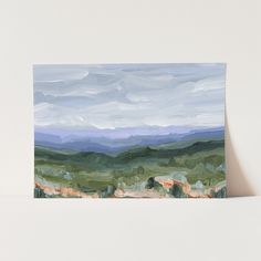 Landscape painting depicting rolling hills and distant mountains under a cloudy sky. Colorful Scenery, Mountain Art Print, Ski Town, Acrylic Landscape, Landscape Paintings Acrylic, Mountain Wall, Botanical Collection, Mountain Wall Art, Blue Ridge Mountains