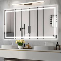 PRICES MAY VARY. 【Anti-fog and Unique Fonction】LED bathroom mirror with defog function, just touch the anti-fog button on the mirror, it need 5-10 minutes to clear this led bathroom mirror completely, safe and energy-saving. LED mirror's light and anti-fog are controlled separately. 【Dimmable & Memory】This led mirror is usually used for bathroom,and can be dimmable.Just long press the touch button to adjust the brightness you want, and the smart memory function will keep the previous lighting st Led Bathroom Mirror Ideas, Light Up Mirror Bathroom, Teenager Bathroom Ideas, Lights For Bathroom Mirror, Modern Kids Bathroom Ideas, Light Up Bathroom Mirror, White Bathroom Mirror, Visual Lighting, Bathroom Interior Design Modern