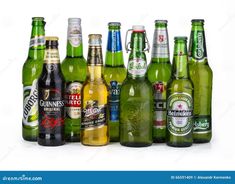 a group of different types of beer bottles