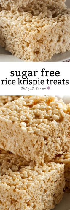 two pictures of rice krispy treats stacked on top of each other with the words, sugar free rice krispie treats